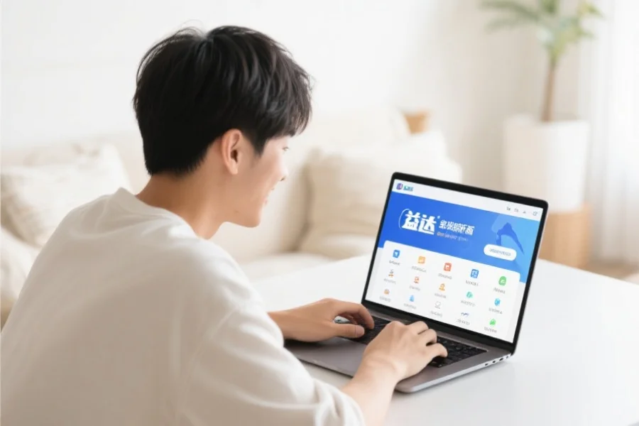 一位年轻用户在明亮舒适的室内环境中愉快地使用笔记本电脑,屏幕上展示恒耀客户端新版界面
